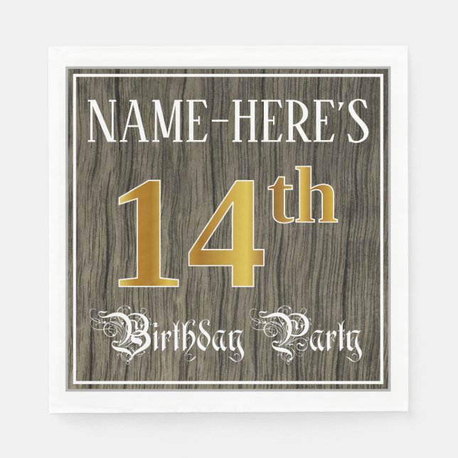 14th Birthday Party — Faux Gold & Faux Wood Looks Napkin (Front)