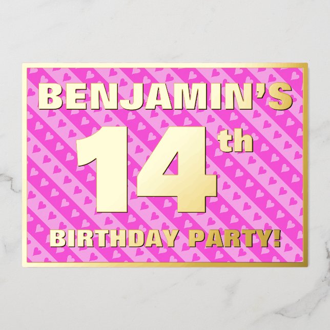 14th Birthday Party — Fun Pink Hearts and Stripes (Front)