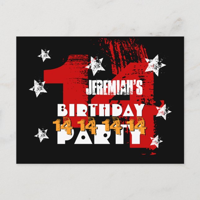 14th Birthday Party Grunge RED GOLD BLACK A04 Announcement Postcard (Front)