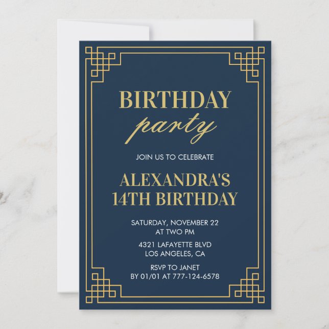14th Birthday Party Invitation Girl Navy Gold (Front)
