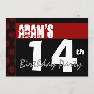 14th Birthday Party Modern Red Black and White Invitation
