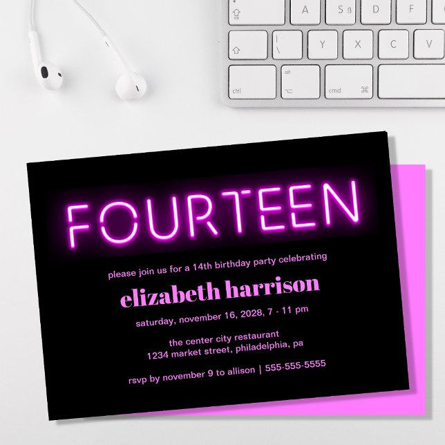 14th Birthday Party Pink Neon Lights Invitation (Creator Uploaded)