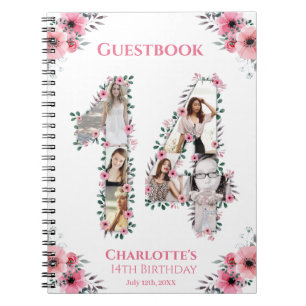 14th Birthday Photo Collage Pink Flower Guest Book