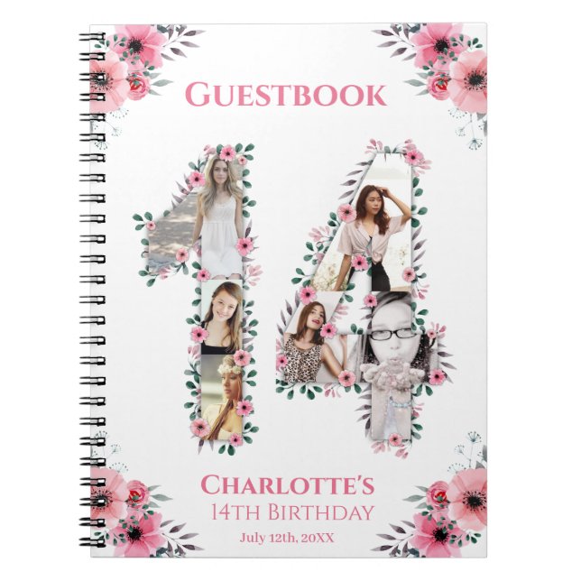 14th Birthday Photo Collage Pink Flower Guest Book (Front)