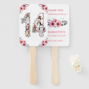 14th Birthday Photo Collage Pink Girl Flower White Hand Fan