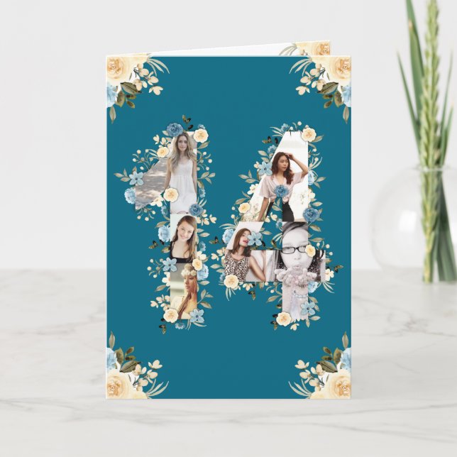 14th Birthday Photo Collage Yellow Flower Teal Card (Front)
