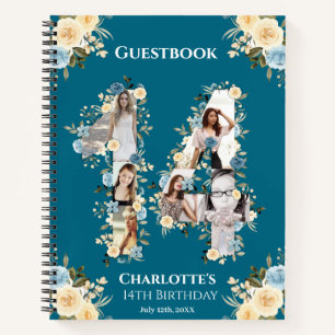 14th Birthday Photo Teal Yellow Flower Guest Book
