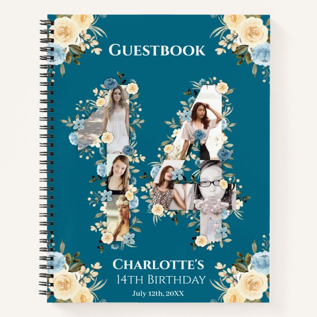 14th Birthday Photo Teal Yellow Flower Guest Book (Front)