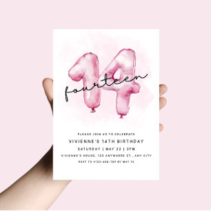 14th Birthday Pink Balloon Invitation