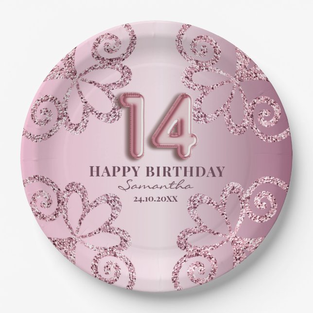 14th Birthday Pink Princess Glitter Balloon Script Paper Plate (Front)