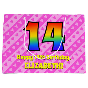 14th Birthday: Pink Stripes & Hearts, Rainbow # 14 Large Gift Bag