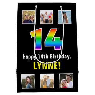 14th Birthday: Rainbow “14“, Custom Photos & Name Medium Gift Bag