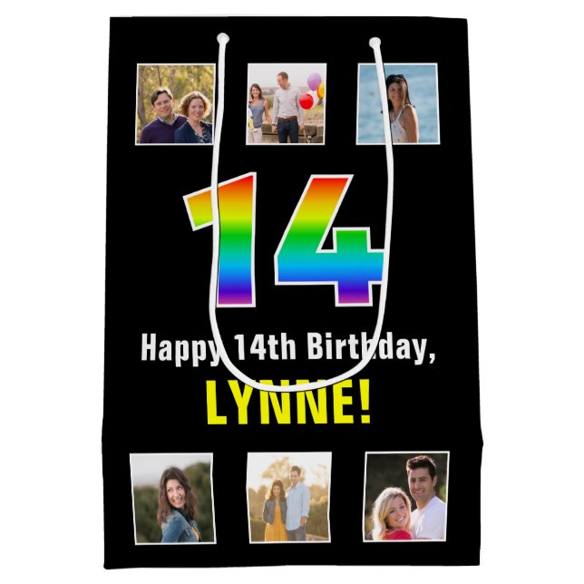 14th Birthday: Rainbow “14“, Custom Photos & Name Medium Gift Bag (Back)