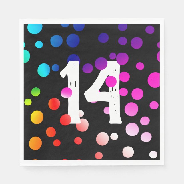 14th Birthday Rainbow Dots on Black Napkin (Front)