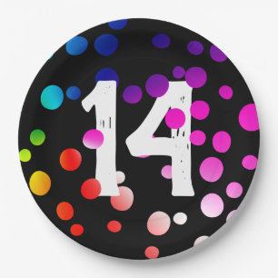14th Birthday Rainbow Dots on Black Paper Plate