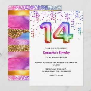 14th birthday rainbow glitter colourful party girl invitation