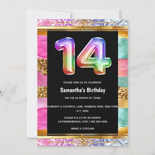 14th birthday rainbow glitter colourful party invitation (Front)