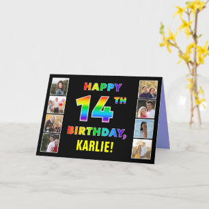 14th Birthday: Rainbow Text, Custom Photos & Name Card