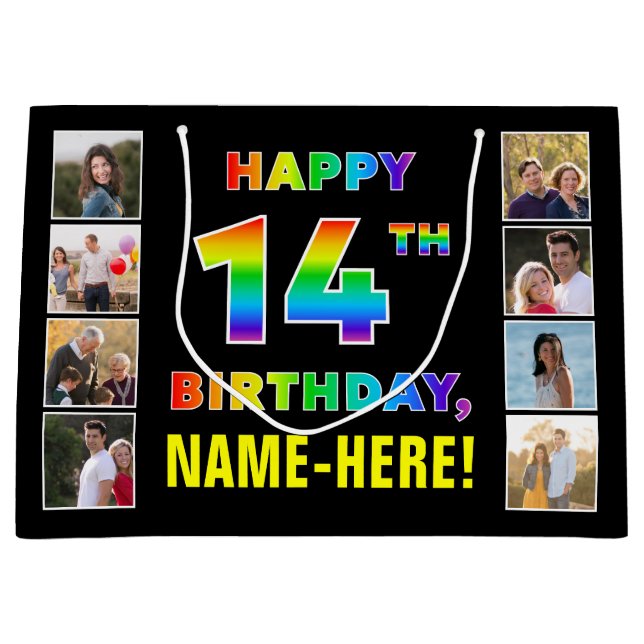 14th Birthday: Rainbow Text, Custom Photos & Name Large Gift Bag (Front)