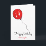 14th Birthday red balloon Card<br><div class="desc">14th birthday red balloon personalised greeting card for him. Perfect for relatives such as parents or grandparents to give to a son or grandson who is turning fourteen or for family friends to give to a teenage boy. The name shown, inside message and age can all be customised as desired....</div>
