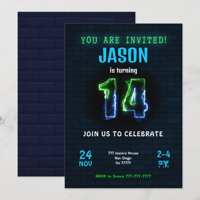 14th Boy Birthday Invitation (Front/Back)