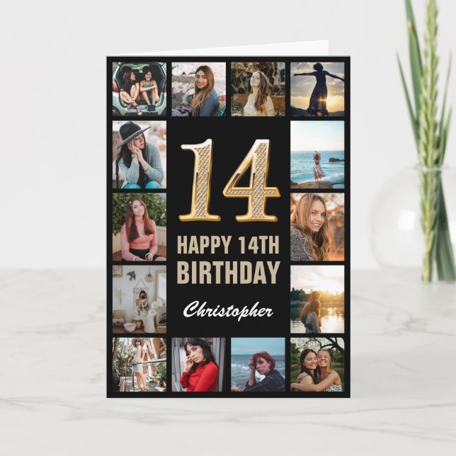 14th Happy Birthday Black and Gold Photo Collage Card (Front)
