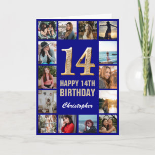 14th Happy Birthday Navy Blue & Gold Photo Collage Card