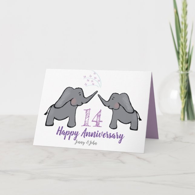 14th ivory wedding anniversary cute elephant card (Front)