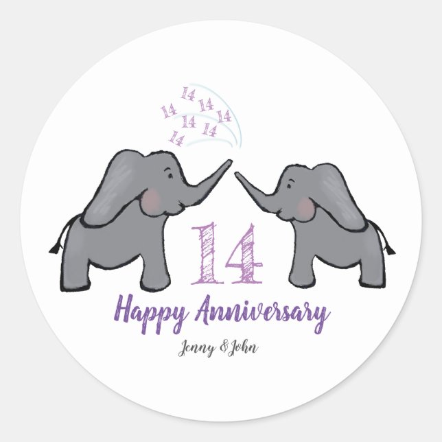 14th ivory wedding anniversary cute elephant classic round sticker (Front)