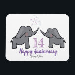 14th ivory wedding anniversary cute elephant magnet<br><div class="desc">An illustrated 14th wedding anniversary magnet in purple, grey and white with an elephant couple. The perfect small gift for a couple celebrating fourteen years of marriage on their ivory wedding anniversary. The magnet can be personalised to include the names of the husband and wife and your own message can...</div>