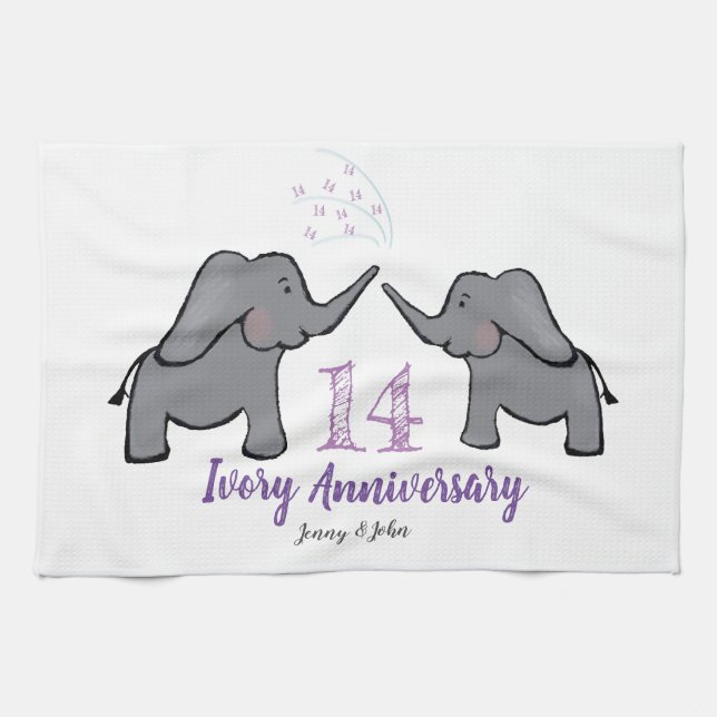 14th ivory wedding anniversary cute elephant tea towel (Horizontal)