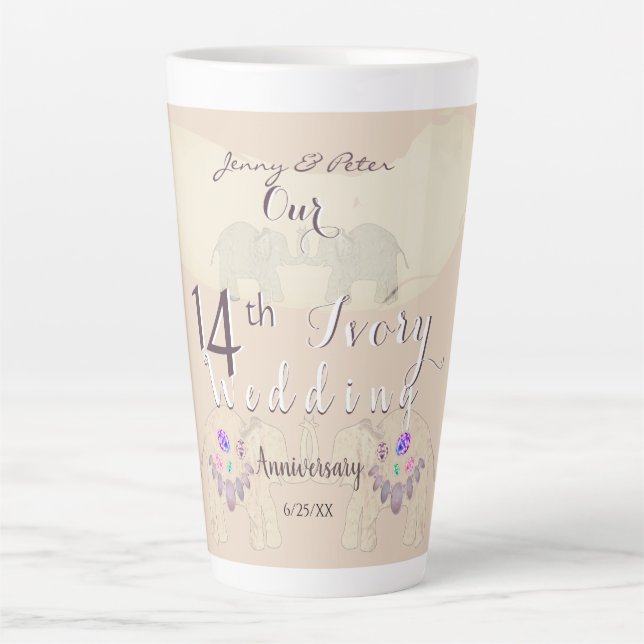 14th Ivory Wedding Anniversary Elephants & Opals   Latte Mug (Front)
