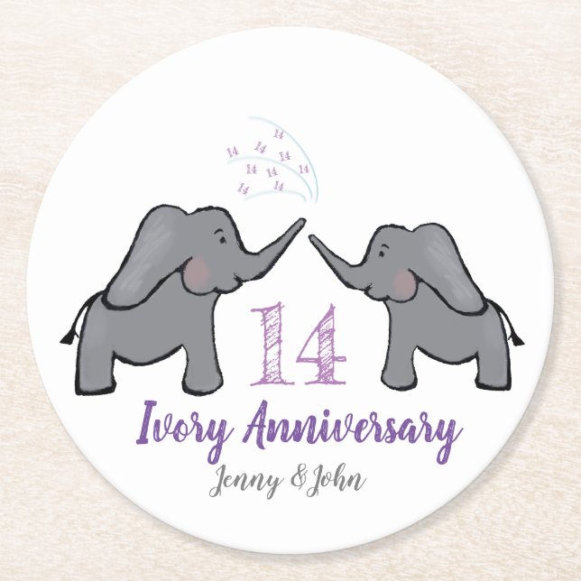 14th purple ivory elephant anniversary round paper coaster (Front)