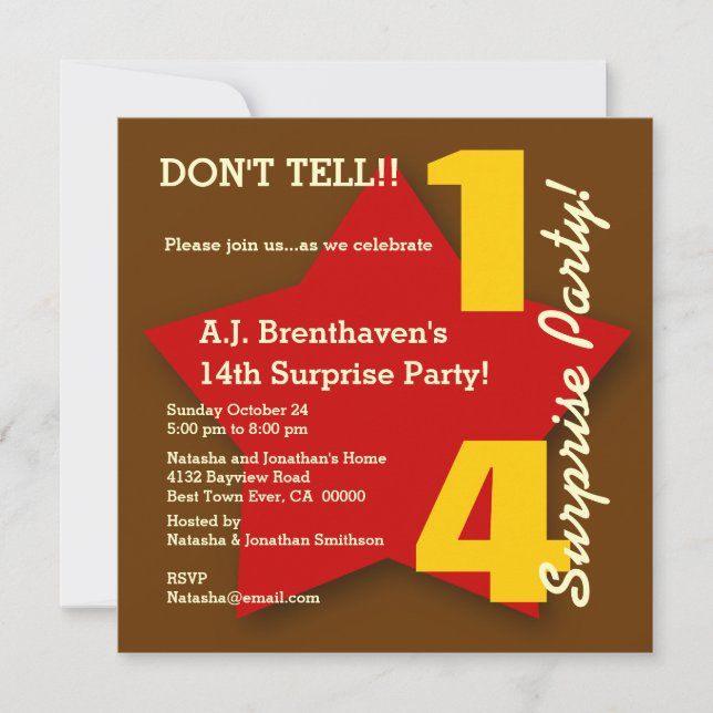 14th SURPRISE Birthday Party BROWN RED Star S06 Invitation (Front)