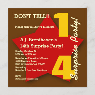 14th SURPRISE Birthday Party BROWN RED Star S06 Invitation