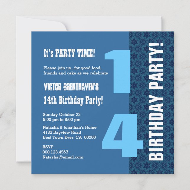 14th TEEN Birthday Modern Navy Blue Stars T7A Invitation (Front)