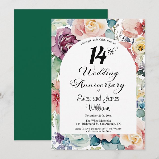 14th Wedding Anniversary Elegant Script Floral Invitation (Front/Back)