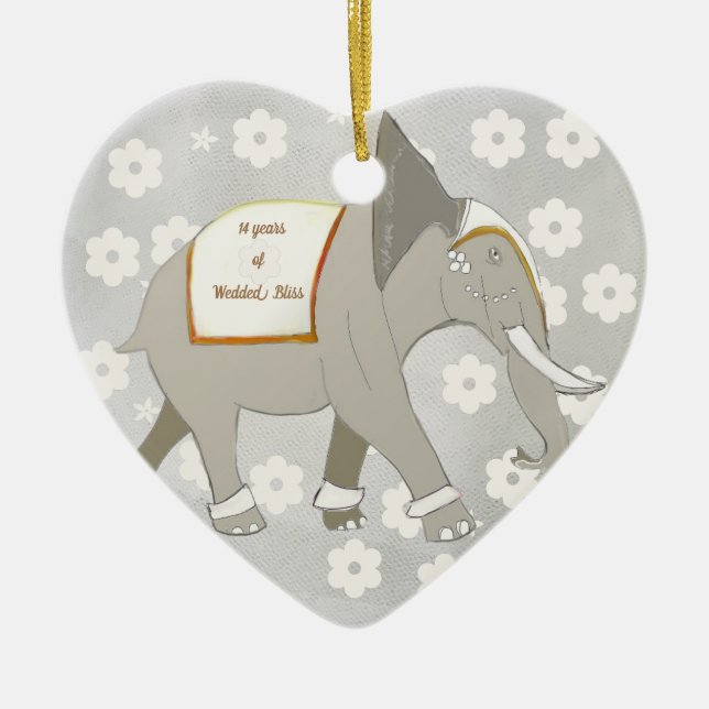 14th Wedding Anniversary Elephant Ceramic Tree Decoration (Front)