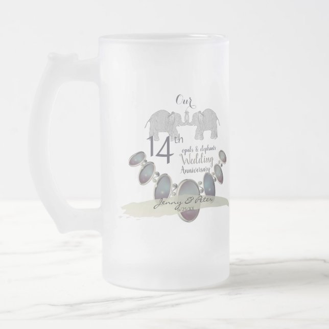 14th Wedding Anniversary Elephants & Opals Frosted Glass Beer Mug (Left)