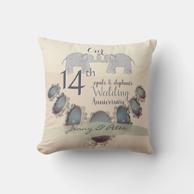 14th Wedding Anniversary Opals & Elephants Cushion (Front)