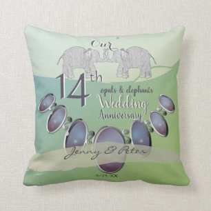 14th Wedding Anniversary Opals & Elephants Green Cushion