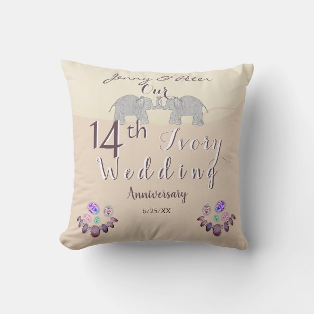 14th Wedding Anniversary Opals & Elephants Ivory T Cushion (Front)