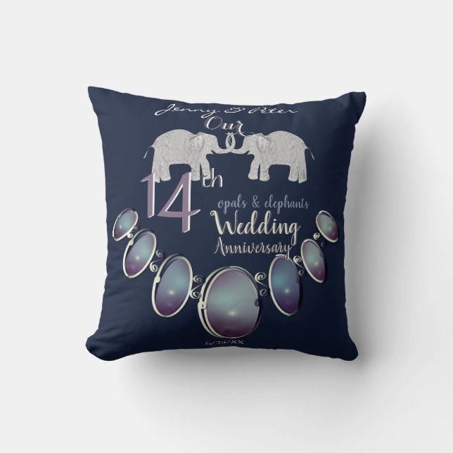 14th Wedding Anniversary Opals & Elephants Navy Cushion (Front)