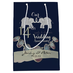 14th Wedding Anniversary Opals & Elephants Navy Medium Gift Bag