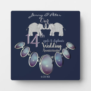 14th Wedding Anniversary Opals & Elephants Navy Plaque