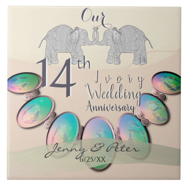 14th Wedding Anniversary Opals & Elephants Tile (Front)