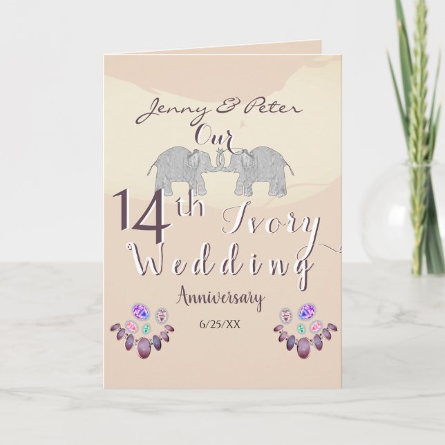 14th Wedding Anniversary Opals & Elephants  w/Text Card (Front)