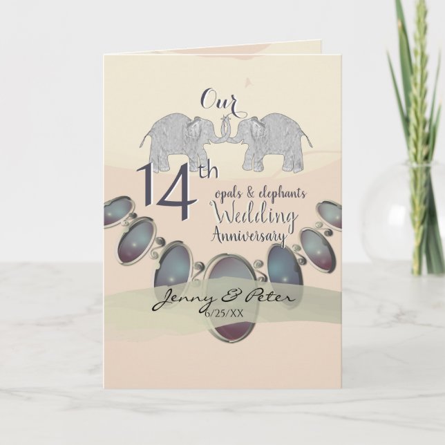 14th Wedding Anniversay Elephants & Opals Blank C Card (Front)