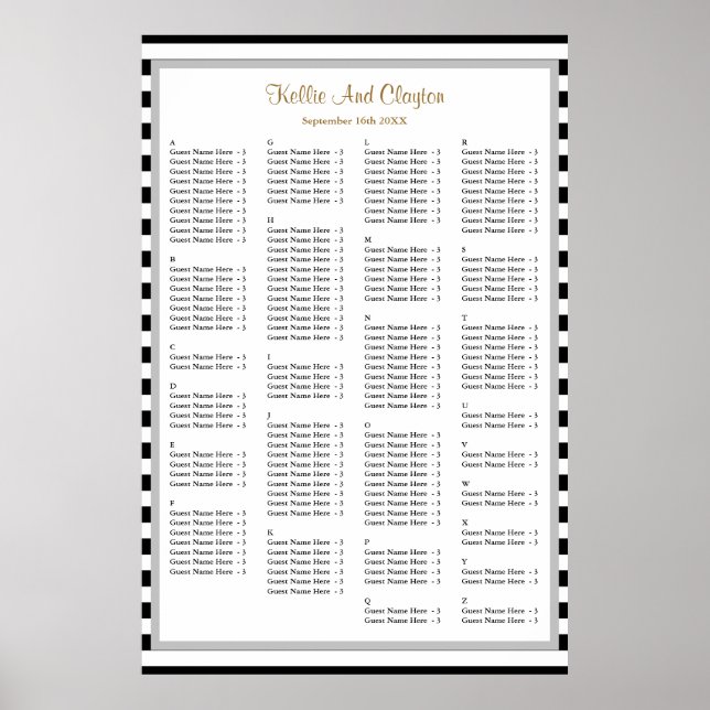 150 Black/White Stripes Wedding Seating Chart (Front)