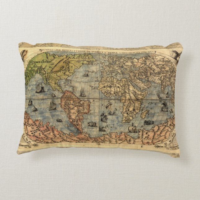 1565 Forlani Antique World Map Vintage Cartography Decorative Cushion (Back)